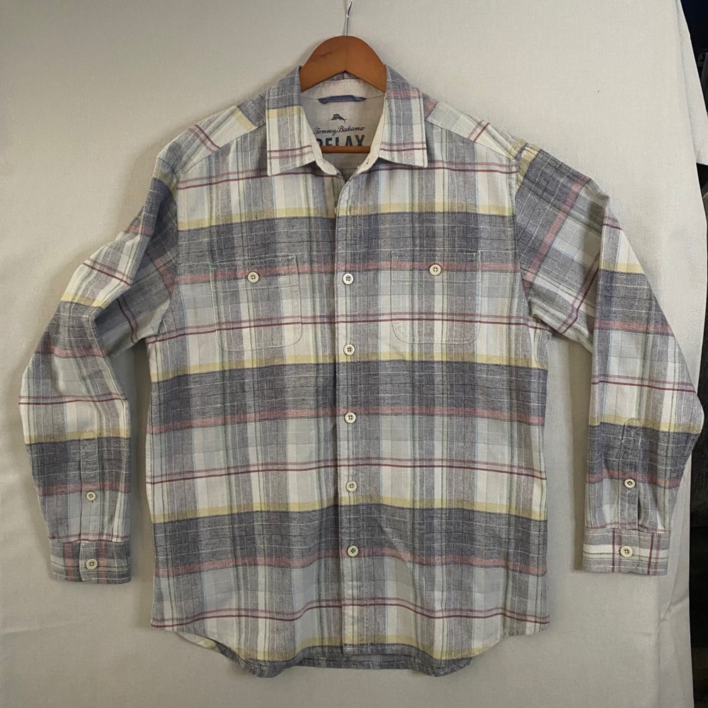 Tommy‎ Bahama Relax Mens L Plaid Cotton Slub Long Sleeve Button Up Shirt TR39534